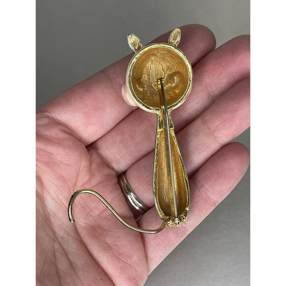 Vintage Sandor Kitty Cat Enamel Gold Tone Pin Brooch Green Eyes Unique - Picture 3 of 7